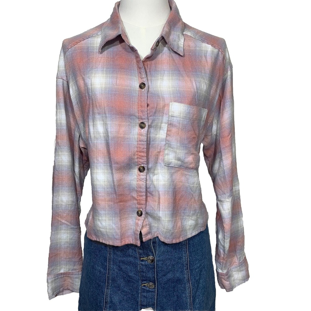 Hollister Pink Purple Plaid Flannel Shirt Women's Small Button Down Viscose Blen